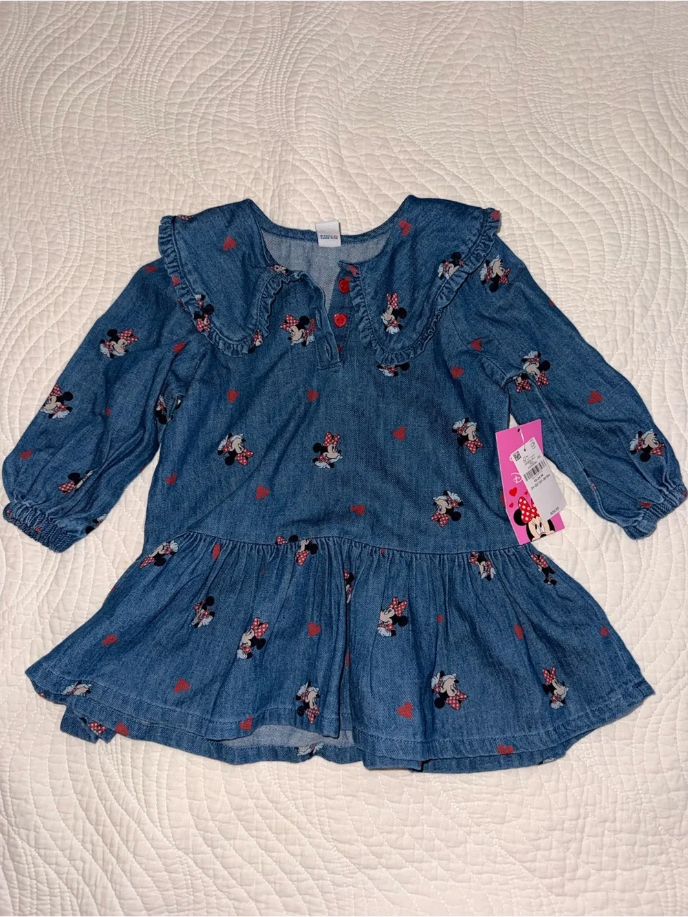 Girl's Blue Denim Minnie Mouse Print Dress 18-24M NWT
